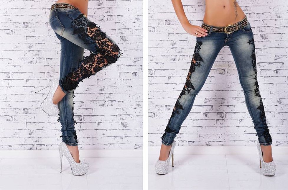 F8910 Sexy Womens Skinny Ripped Distressed Lace Jeans